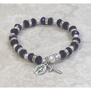 4-pack - Purple Sparkle Bead Rosary Bracelet With Strass Crystals Miraculous Medal And Crucifix