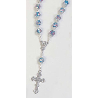 3-pack - Light Blue Auto Rosary with 10 mm Crystal Beads and Rose Petal Painted on Each Bead