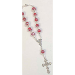 3-pack - Red Auto Rosary with 10 mm Crystal Beads and Rose Petal Painted on Each Bead