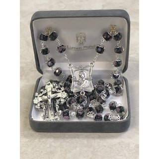 Black 8mm Genuine Crystal Bead Rosary with Rose Painted Inside