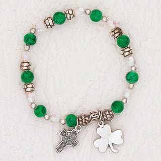3-Pack - Green Stretch Bracelet with Celtic Cross and Shamrock Charm
