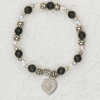 4-Pack - Italian Stretch Bracelet with Milagro Heart and Cross Charm- Black