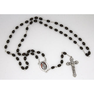 St. Anthony center and crucifix - 7mm oval beads - brown wood - silver-tone enameled