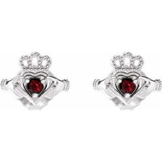 14K White Natural Mozambique Garnet Claddagh Earrings