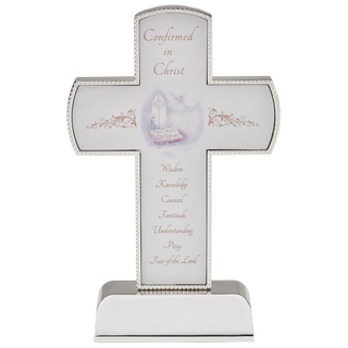 6 Inch Premium Silver Tone Confirmation Cross On Base