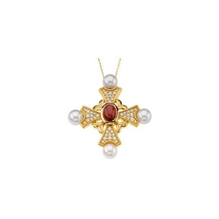 14K Yellow Natural Mozambique Garnet, Cultured White Akoya Pearl & 1/2 CTW Natural Diamond Cross 18" Necklace  