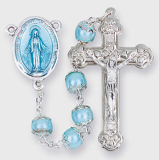 7MM Blue Pearl Capped Bead Rosary Dlxe Boxed
