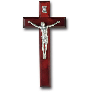 9" Dark Cherry Wood Cross With Silver Corpus