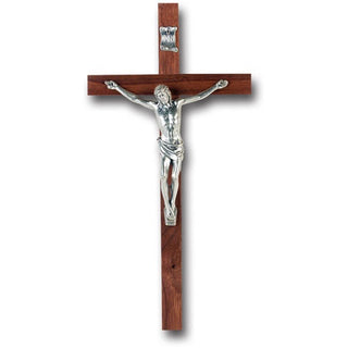 10" Walnut Wood Cross With Silver Corpus