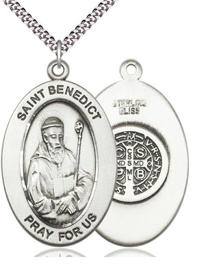 Sterling Silver Saint Benedict Medal & Necklace Set Engraved Catholic Saint Jewelry