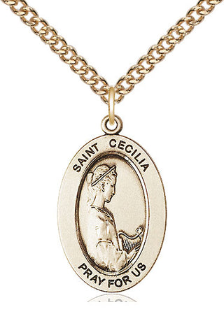 14kt Gold Saint Cecilia Medal Engraved Catholic Saint Jewelry