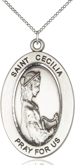 Sterling Silver Saint Cecilia Medal & Necklace Set Engraved Catholic Saint Jewelry