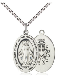 Sterling Silver Miraculous Medal on an18-inch Light Rhodium Light Curb Chain with Split Ring