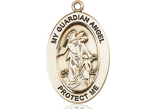 14kt Gold Guardian Angel w/Child Pendant with Split Ring Engraved Catholic Saint Jewelry