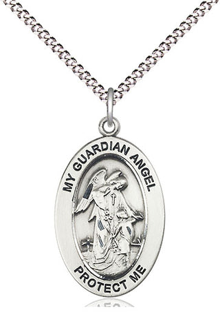Sterling Silver Guardian Angel w/Child Medal on an18-inch Light Rhodium Light Curb Chain with Split Ring Engraved Catholic Saint Jewelry