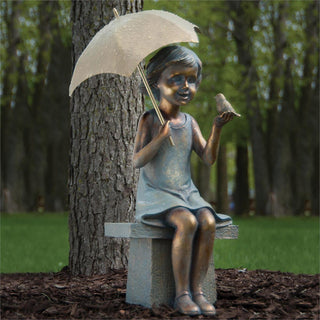 17.25-Inch Girl On Bench Garden Statue With Bird & Umbrella