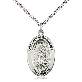 Sterling Silver Our Lady of Guadalupe Medal on an18-inch Light Rhodium Light Curb Chain with Split Ring Engraved Catholic Saint Jewelry