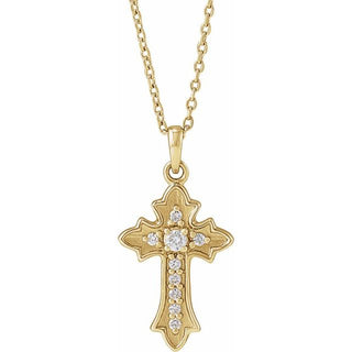 14K Yellow .08 CTW Natural Diamond Vintage-Inspired Cross 16-18" Necklace