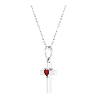 14K White Natural Mozambique Garnet Heart Cross 16-18" Necklace