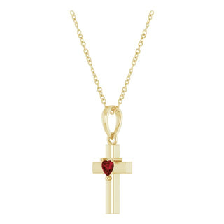 14K Yellow Natural Mozambique Garnet Heart Cross 16-18" Necklace