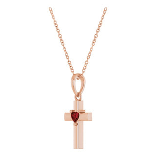 14K Rose Natural Mozambique Garnet Heart Cross 16-18" Necklace