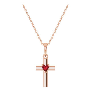 14K Rose Natural Mozambique Garnet Heart Cross 16-18" Necklace