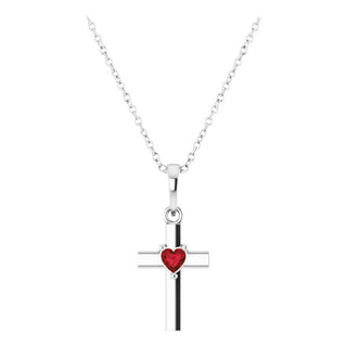 14K White Natural Mozambique Garnet Heart Cross 16-18" Necklace
