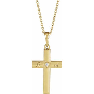 14K Yellow .015 CT Natural Diamond Engravable Cross 16-18" Necklace