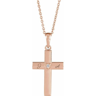 14K Rose .015 CT Natural Diamond Engravable Cross 16-18" Necklace