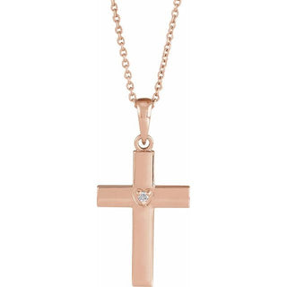 14K Rose .015 CT Natural Diamond Engravable Cross 16-18" Necklace