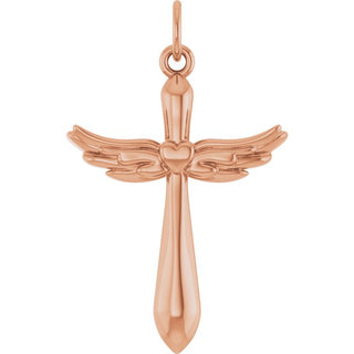 14K Rose Angel Wings Heart Cross Pendant