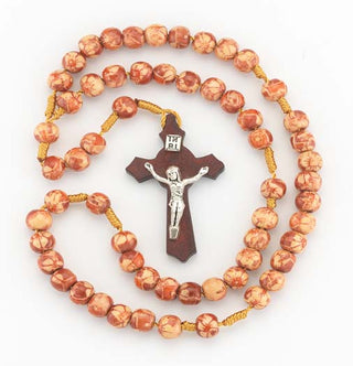 10-Pack - 8MM Round Maroon Marbleized Flower with Wood Crucifix