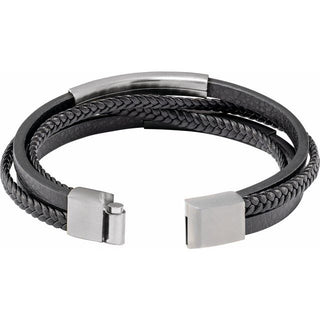 Stainless Steel 11 mm Black Leather Multi-Strand 8 1/2" Bracelet