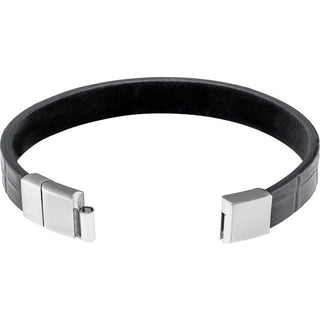 Stainless Steel 11 mm Black Leather 8" Bracelet