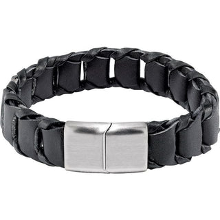 Stainless Steel 17 mm Black Leather 9" Bracelet