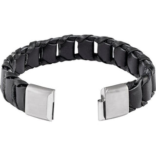 Stainless Steel 17 mm Black Leather 9" Bracelet