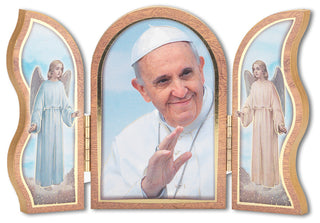 5X3.5" Pope Francis Blue Back Standing Natural Wood Tryptych