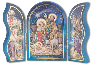5X3.5" The Nativity With Lamb Natural Wood Tryptych