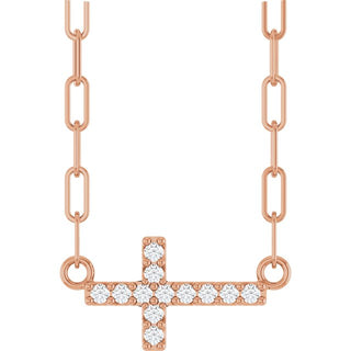 14K Rose .05 CTW Natural Diamond Sideways Cross 18" Necklace