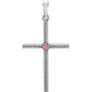 14K White Pink Tourmaline 31.95x16.3 MM Rope Design Cross Pendant