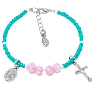 Pink and Teal Genuine Murano "Seed Bead" Bracelet with Sommerso Beads, Miraculous Medal and Crucifix