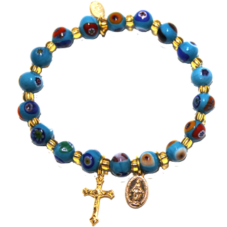 Turquoise Genuine Murano Gold Tone Stretch Bracelet with Millefiori Beads, Miraculous Medal and Crucifix