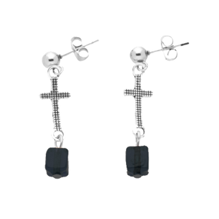 Stainless Steel Lattice Cross Earrings with Black Murano Beads