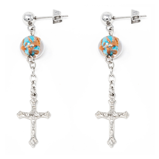 Stainless Steel Crucifix Earrings with Turquoise Murano Beads