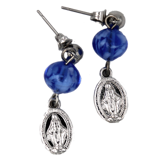 Stainless Steel Miraculous Medal Earrings with Blue Murano Beads