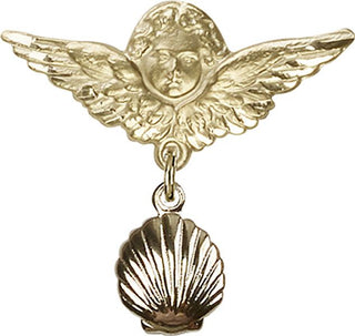 14kt Gold Large Angel w/Wings Shell Baby Badge