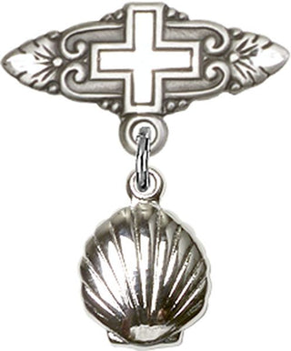 Sterling Silver Badge Pin With Cross Shell Baby Badge