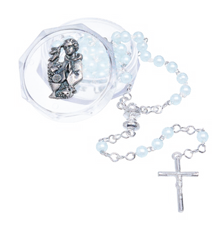 4mm Blue Communion Rosary for Boys with Silver-tone Medal on Acrylic box