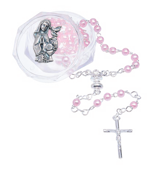 4mm Pink Communion Rosary for Girls with Silver-tone Medal on Acrylic box