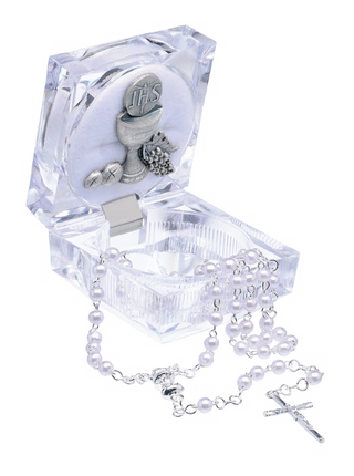Communion Keepsake Box with White 4mm Rosary